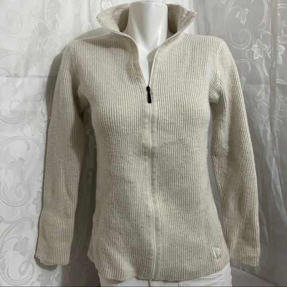 SunIce Ecru Ribbed Mock Neck Zip Up Sweater - Picture 9 of 11